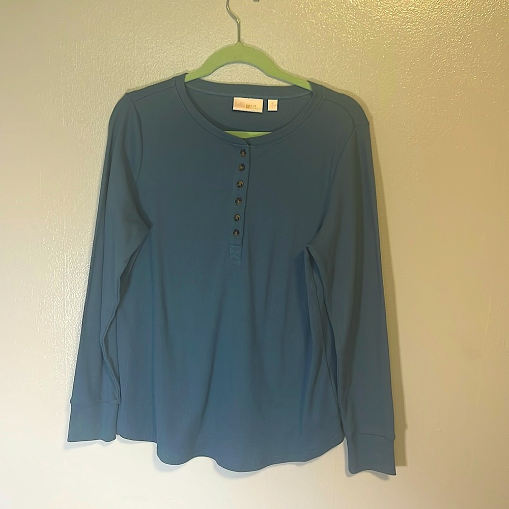 Belle by Kim Gravel Medium Knit Henley. Color: Steele Blue